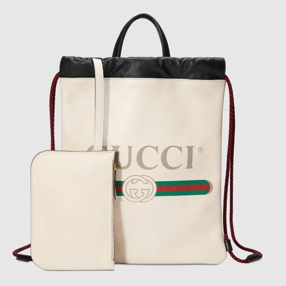 Gucci Logo-Print Drawstring Backpack in White